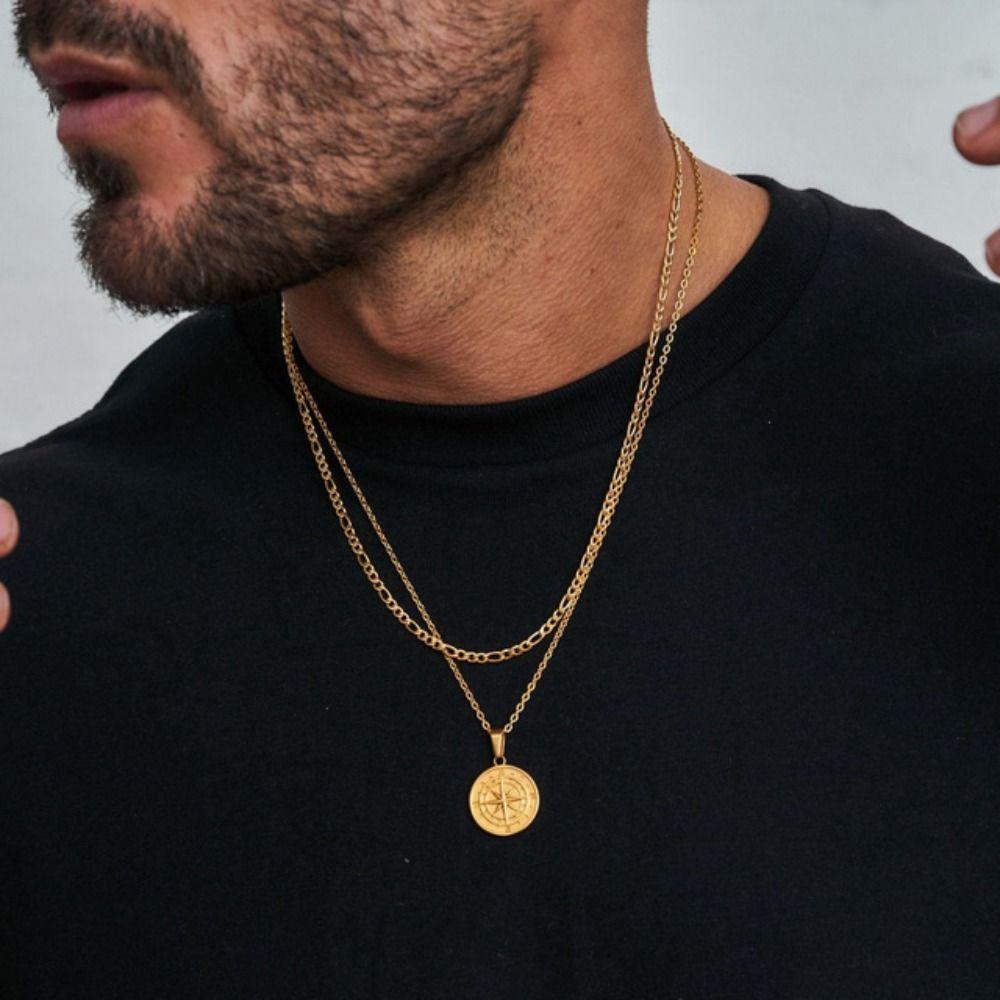 

Layer Compass Pendant Stainless Steel Clavicle Chain Man Necklace Cuban Style Choker Wheat Chain E