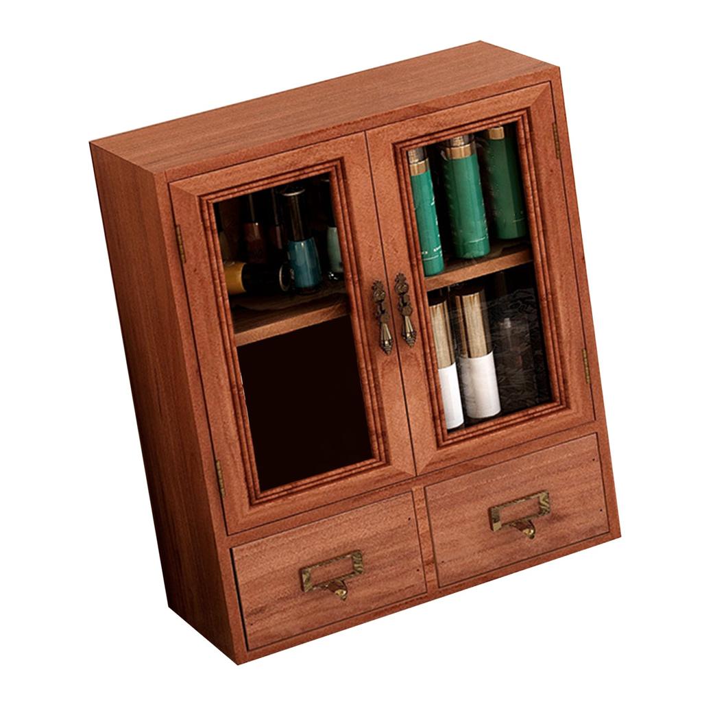 Houten bureaukastje met dubbele deur en lades, retro houten sieradendoosje met heldere nerf voor parfumflesjes.