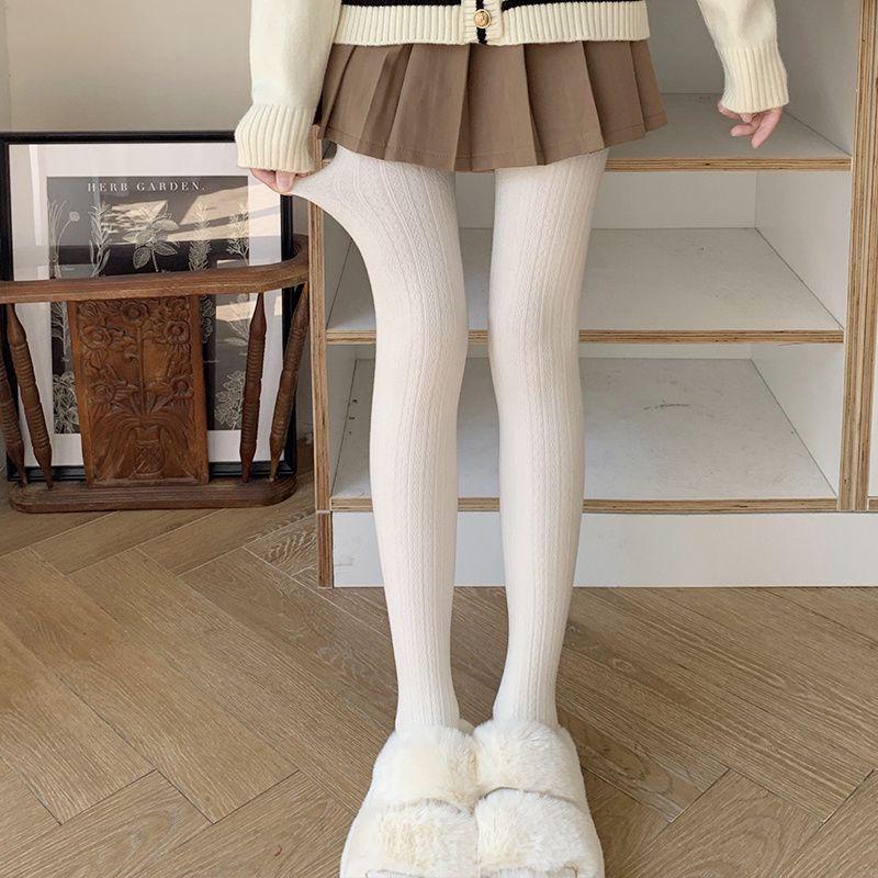 Women's High-Waist Cotton Leggings - Thick, Velvet-Lined, Stirrup Tights In Milk White & Beige for Autumn/Winter