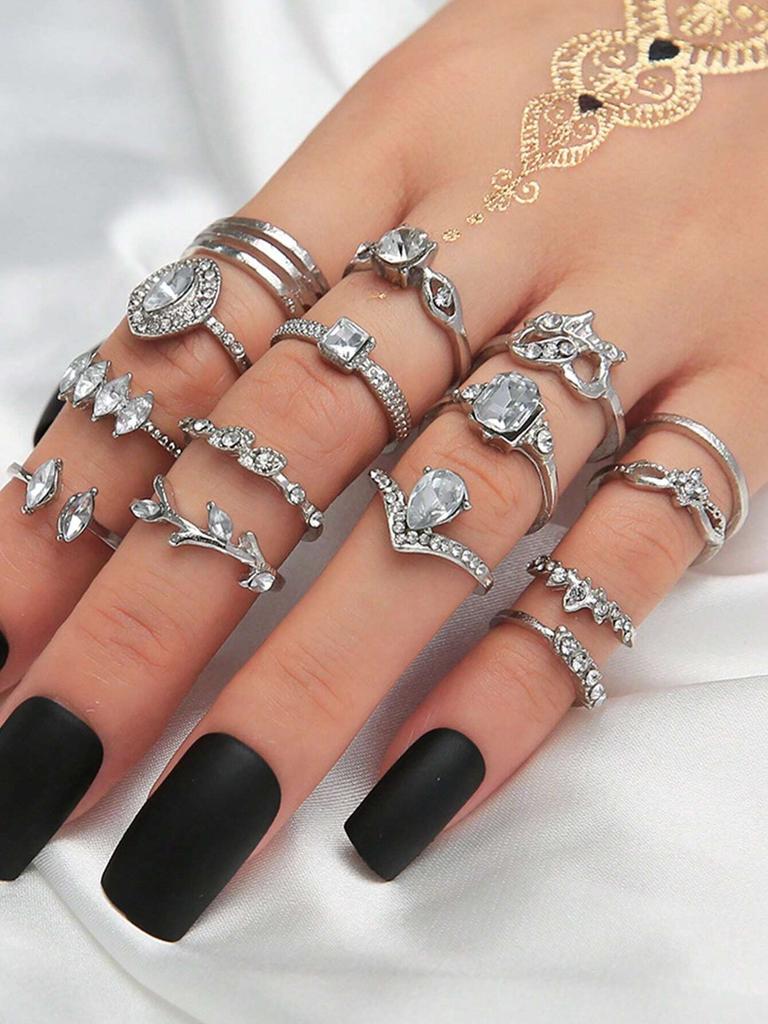 15pcs/Set Knuckle Water Drop Hollow Rhinestone Heart Design Open Rings Vintage Silver Color Women Ring Valentines Jewelry Gifts