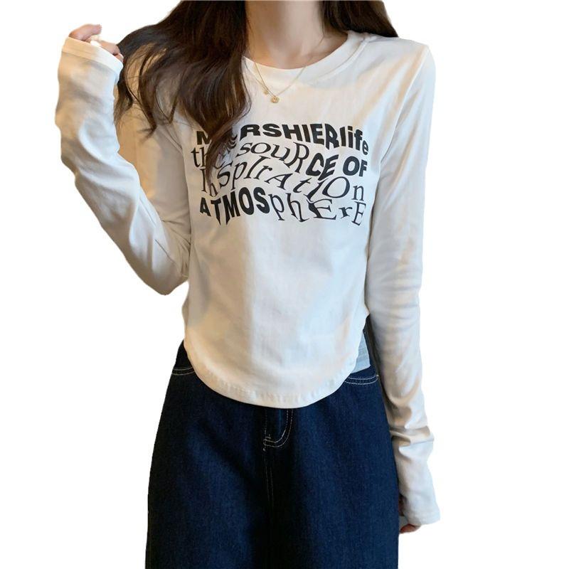 Асимметричный приталенный топ с длинным рукавом и принтом на плече, женский осенний топ из хлопка S