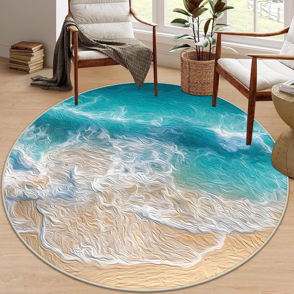 3D Beach Round Carpet Living Room Decoraiton Modern Light Luxury Large Room Lounge Rug Bedroom Decor Soft Fluffy Study Chair Mat