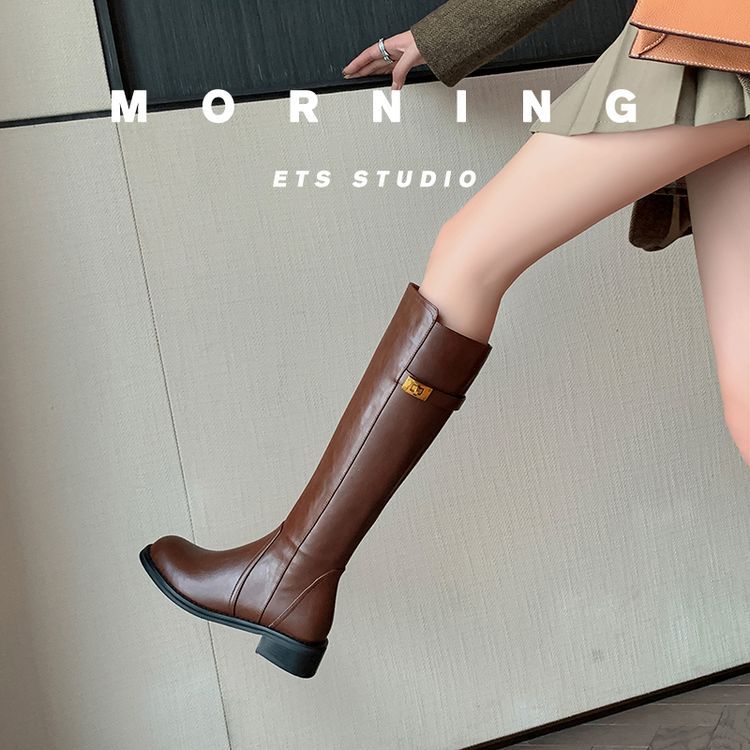 Full av aura~ Lock ridestøvler dame 2025 høst og vinter nye tykk hæl høye støvler rund tå men knehøye støvler