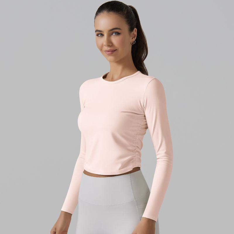 

2025 Fashion Pure Color Double-Sided Brocade Tight High Elastic Belly and Waist Shaping Yoga Clothes Long Sleeves Sports Running Workout T-shirt Ballet Powder(2024 New Products) S