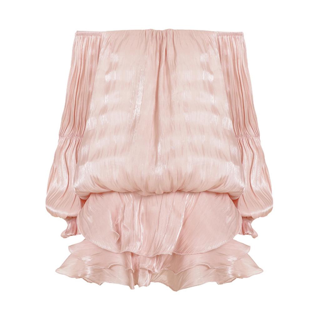 Women's Off Shoulder Puff Sleeve Mini Dress Slim Fit Tiered Ruffle Short Dresses