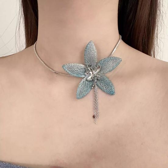 Women Choker Necklace Handmade Embroidery Exaggerated Large Flower Decor Imitation Pearl Tassel Earrings Holiday Jewelry Gift