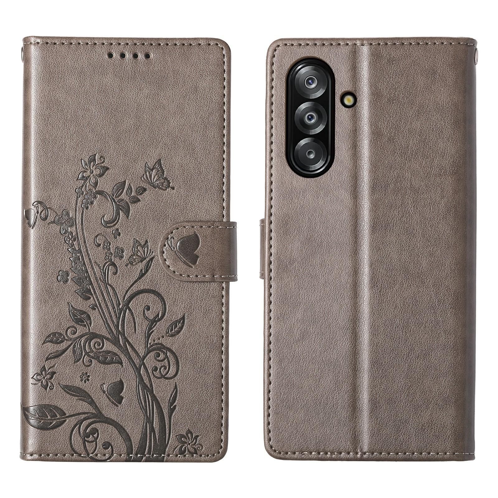 

For Samsung Galaxy A26 5G Wallet Case Butterfly Floral Imprint PU Leather Phone Cover with Wrist Strap Grey