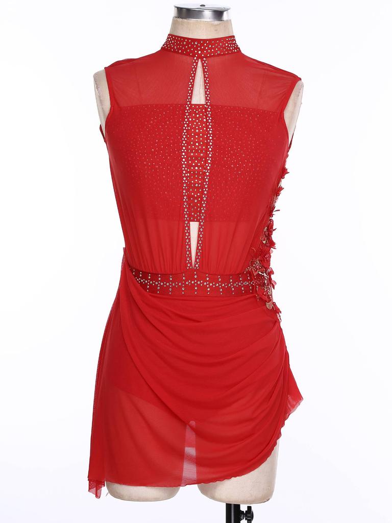 Women Figure Skating Ballet Dance Dresses Sleeveless Backless Sheer Mesh Overlay Shiny Rhinestones Asymmetrical Dress Dancewear