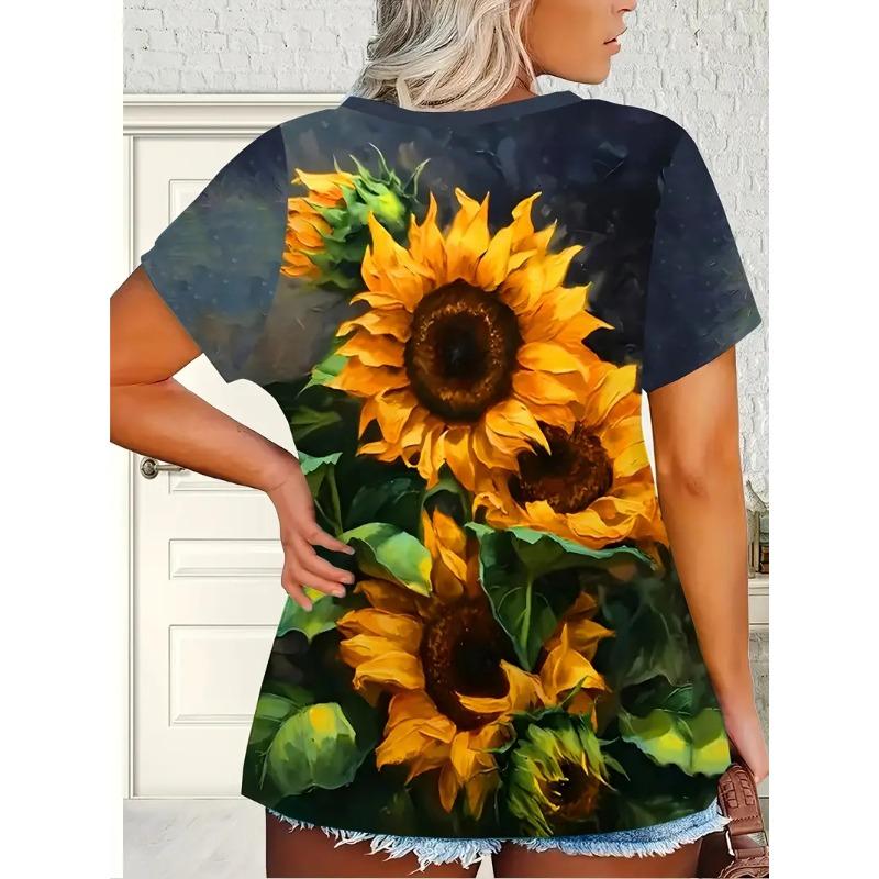 Plus Size Women's 3D Printed Sunflower Pattern T-shirt An Elegant Casual Crew Neck Short Sleeved Top