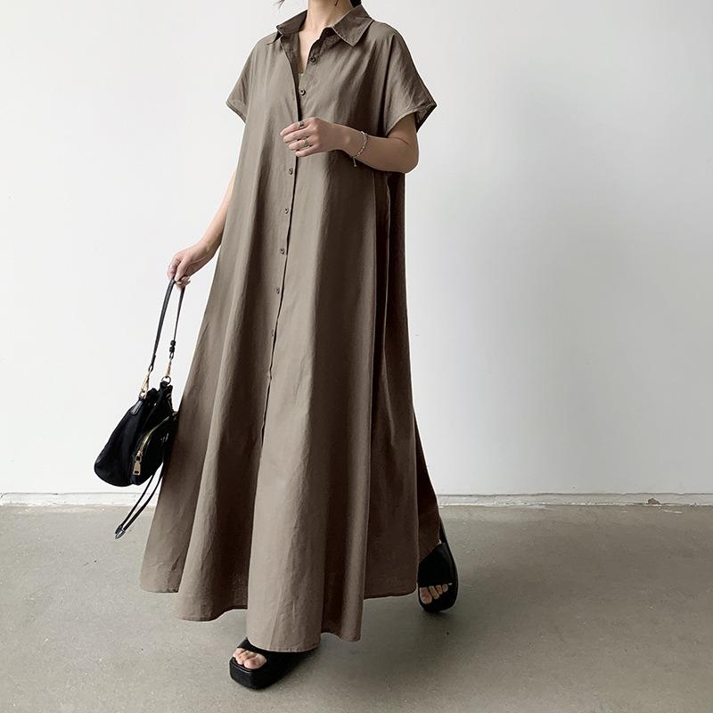 Skirt Short Sleeve Hemp Dress Women Loose Lapel Casual Shirt Dress
