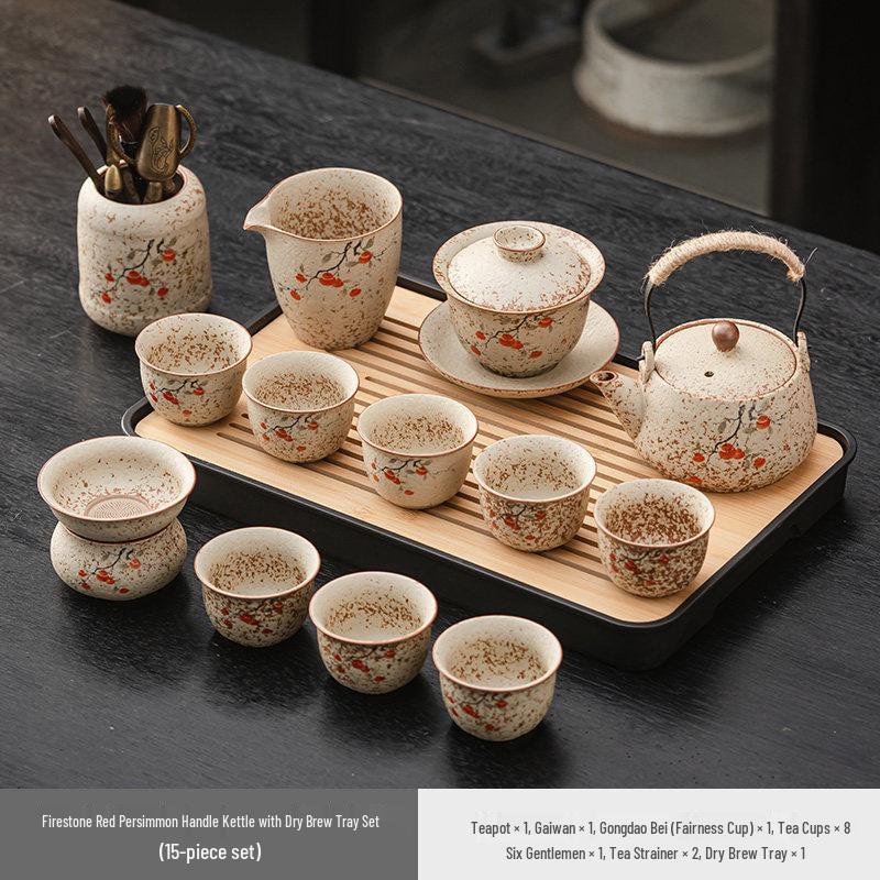 High-End Flint Red Gongfu Tea Set with Ceramic Kettle, Teacups, and Teaplatters