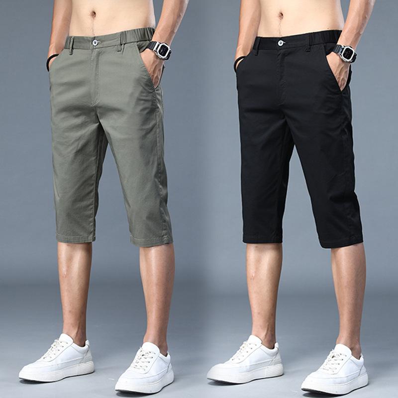 Men's Cotton Casual Pants Summer Thin Loose Straight Cropped Trousers Multi-Pocket