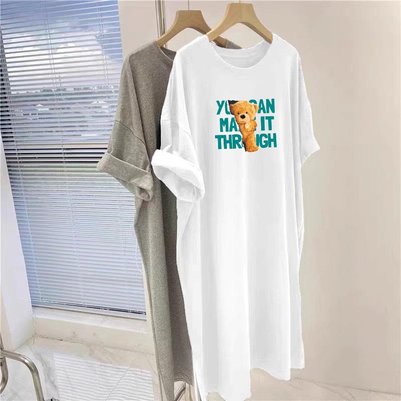 Korean Hip-Hugging Printed Plus Size Summer Dress, Mid-Length Over-the-Knee T-Shirt Style for Women, 2025 New Collection