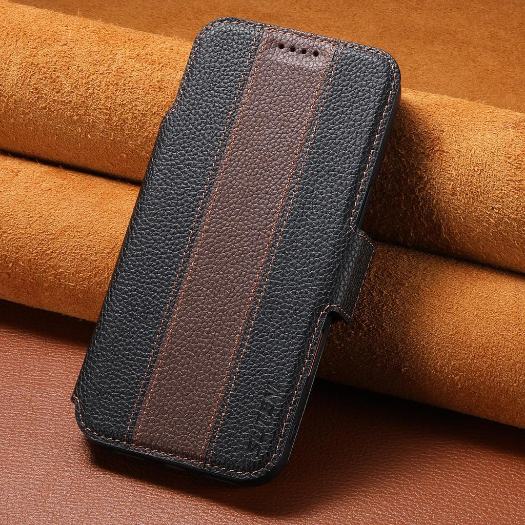iPhone 17 Flip Case: Card Slot, Magnetic Snap, Wireless Charging Stand, Color Block Wallet, Leather