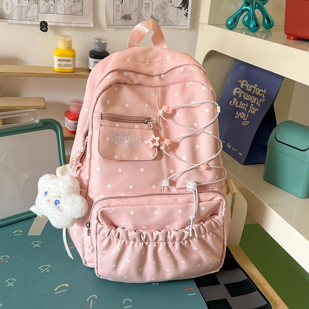 Schoolbag low saturation sea salt light blue polka dot soft waxy sweet backpack pleated lace atmosphere student party schoolbag