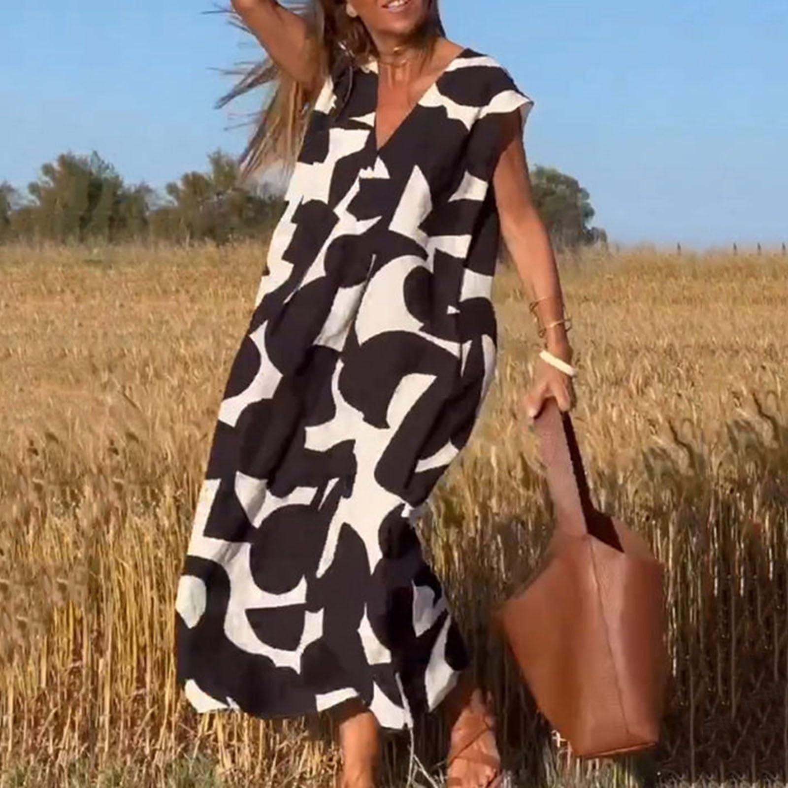 

Элегантное универсальное длинное свободное платье с V-образным вырезом и принтом M чёрный