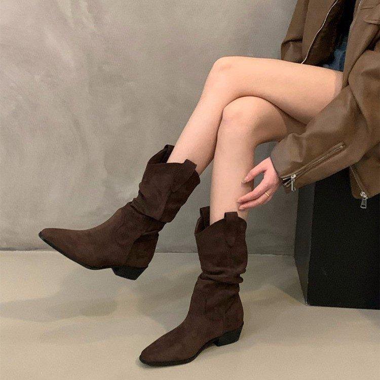Cowhide version of Maillard boots, new pointed mid-boots, brown women's boots, pleated stacking boots, khaki cowboy boots