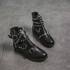 Fashion Punk Rivet Decoration Hollow Out Ankle Boots Women 2025 Autumn Y2K Metal Belt Buckle Medium Heel Boots Sexy Solid Black Booties