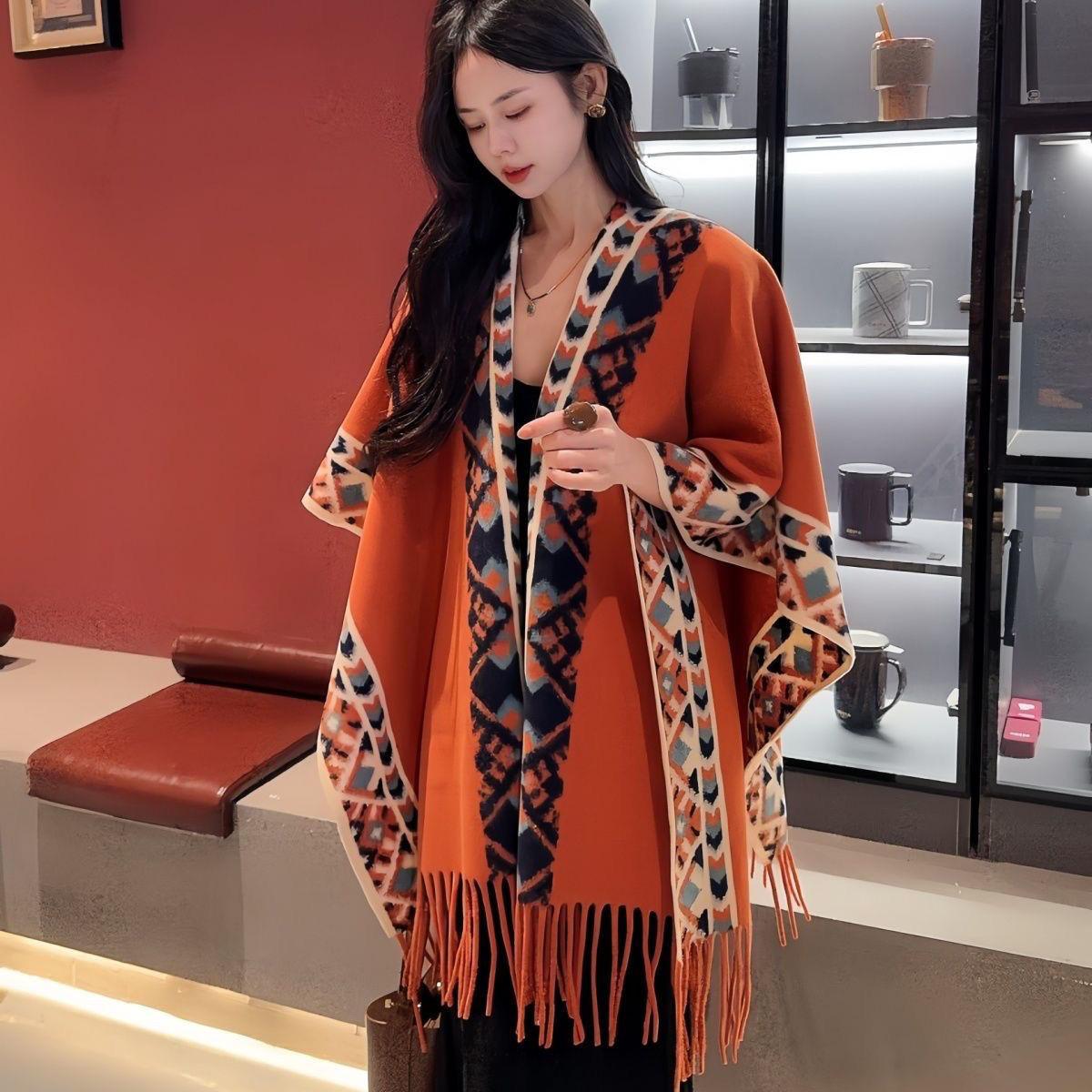

High-End Ink Painting Women s Autumn Winter Shawl Cloak - Warm Travel Cape Outerwear