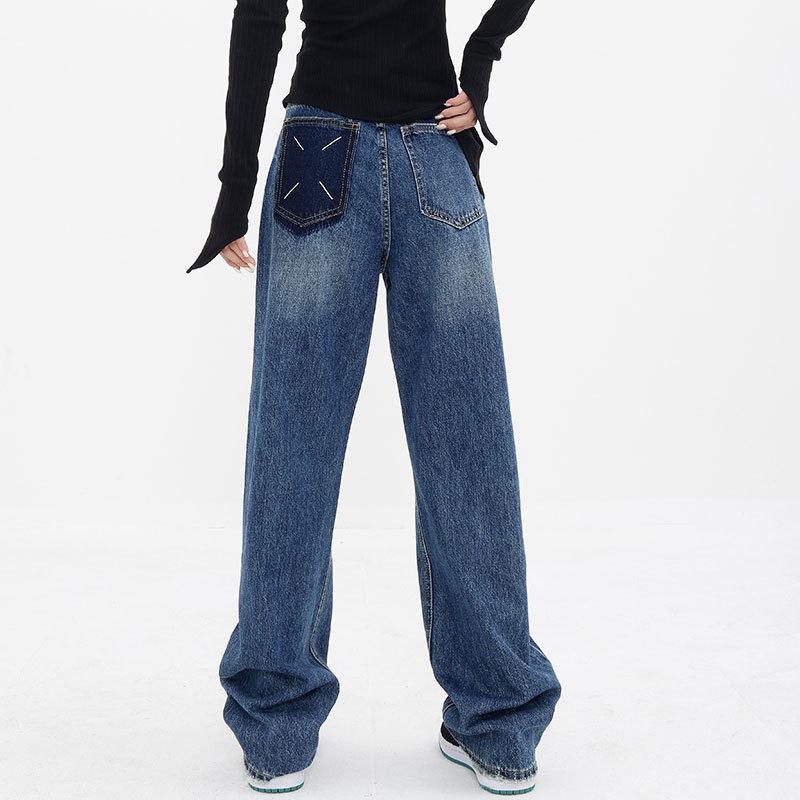 

Korean Style High-Waisted Floor-Length Jeans with Color Block and Pockets for Women - Retro Loose Straight Leg Pants XL