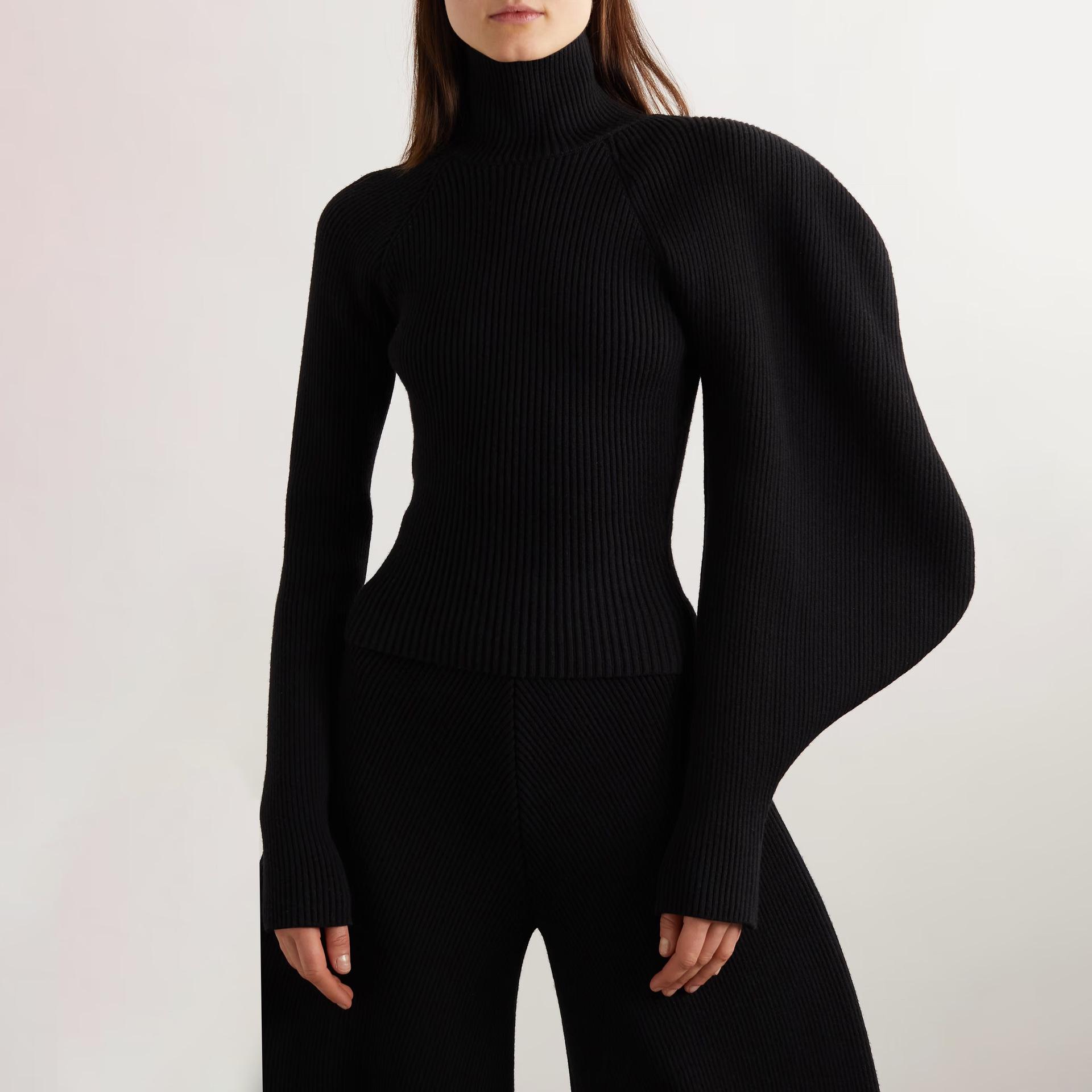 

Весна 2025 г., женский асимметричный свитер с высоким воротником и длинными рукавами, облегающий однотонный трикотажный свитер в японском и корейском стиле в повседневном стиле One Size чёрный