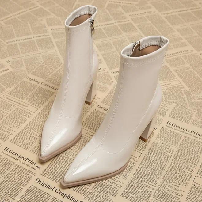 Autumn Womnen's High Heel Ankle Boots New Winter Plus Velvet Pointed Toe Chunky Heel Chelsea Boots for Women Heeled Sheos Dress