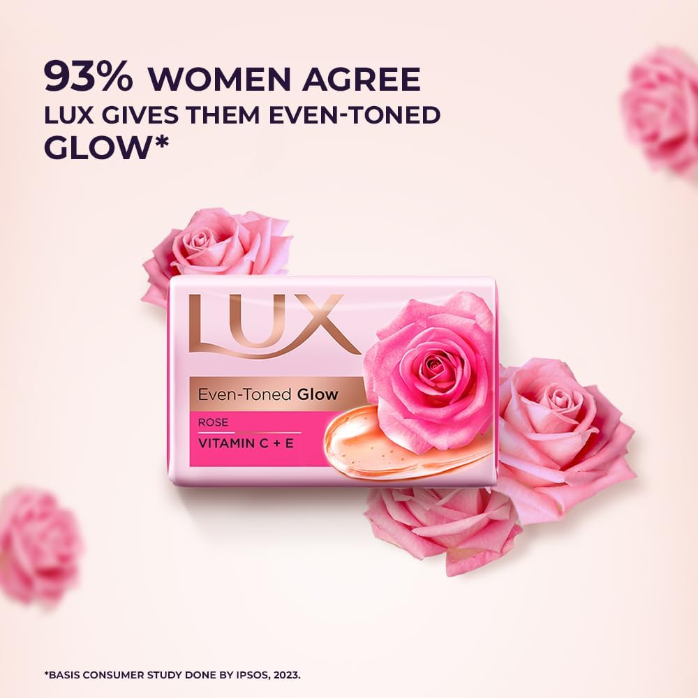 Lux Radiant Glow Beauty Soap Bar With Rose Vitamin C And E For Superior Glow Pack Of 8 X 150g For Face And Body Moisturizing