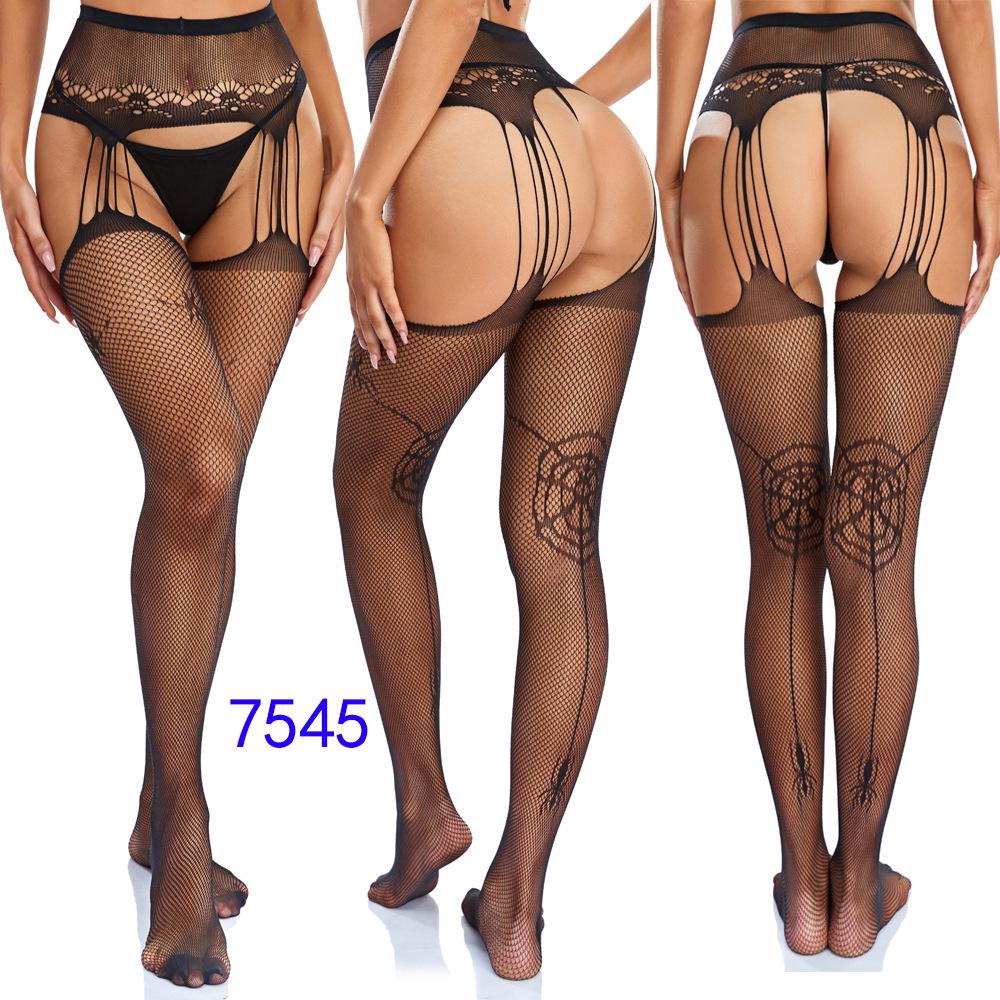 Women's Sexy Crotchless Fishnet Suspender Stockings with Eye Jacquard Design - Style 7501