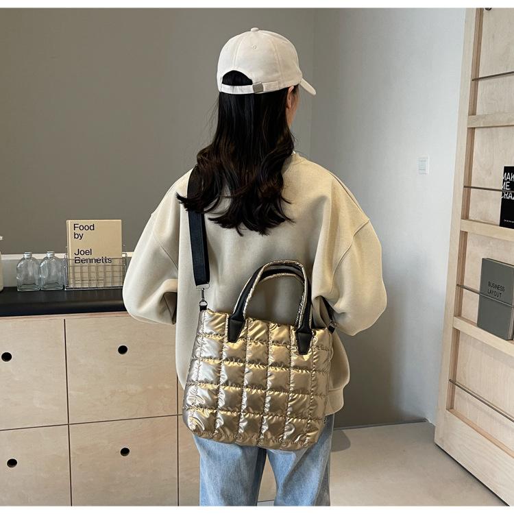 Internet Celebrity Cotton Quilted Padded Women's Handbags Nylon Solid Color Grid Female Shoulder Crossbody Bags Large Capacity Ladies Tote Bag Satchel