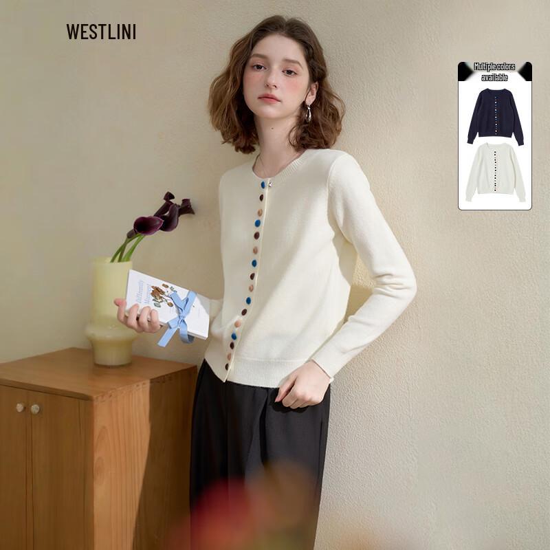 

Women s Round Neck Loose Knit Sweater with Colorful Buttons