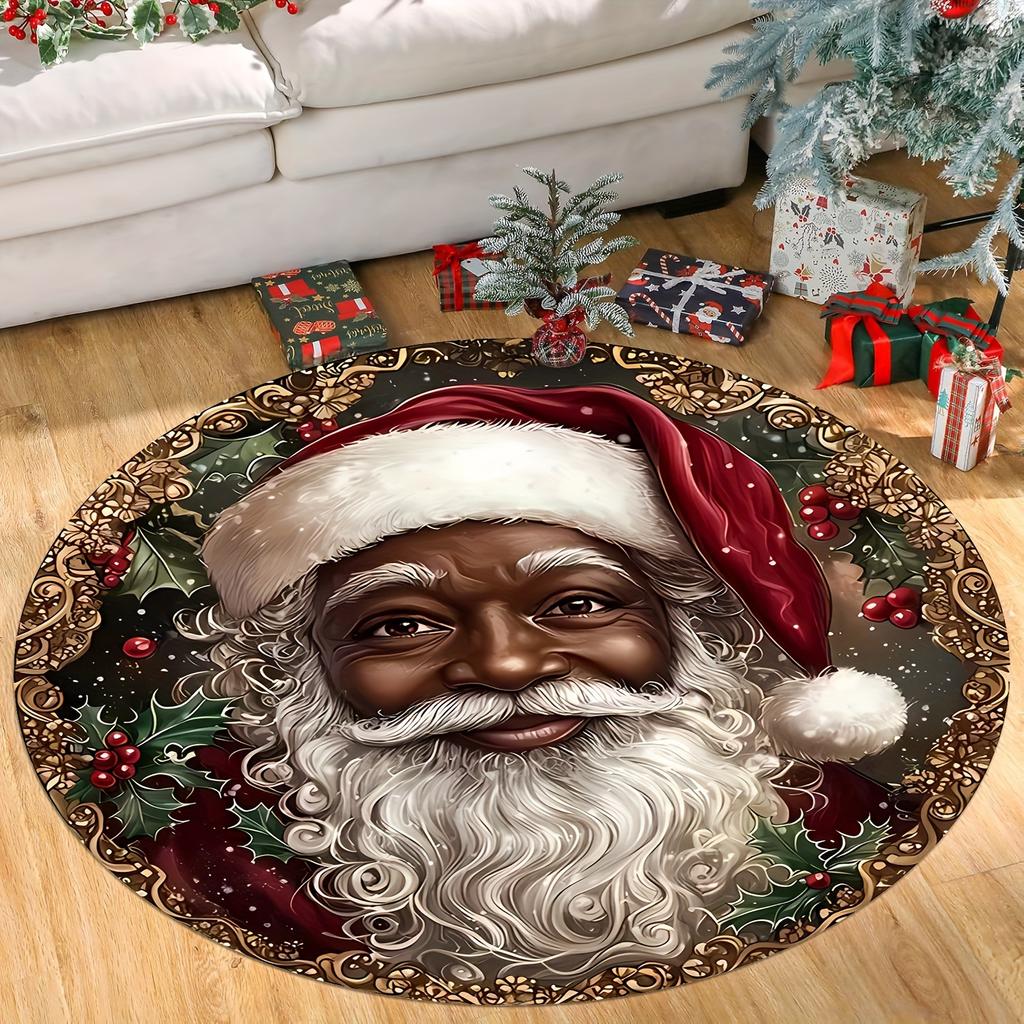 Cozy Christmas Santa & Holly Round Mat, Soft Absorbent Polyester Rug for Living Room, Bedroom, Playroom, Machine Holiday Decor