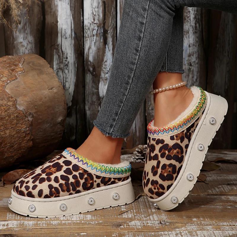 Mode Vintage Leopardenmuster Damen Plateau Schneestiefel Rutschfest Warm Plüsch Knöchelstiefel Damen Dicke Sohle Baumwollgepolsterte Schuhe Frau