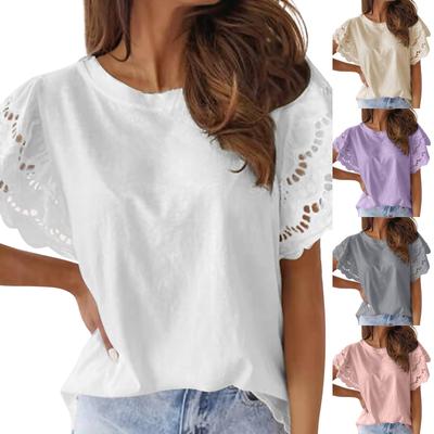 Women's Color Loose Round Neck Stitching Lace Short Sleeves