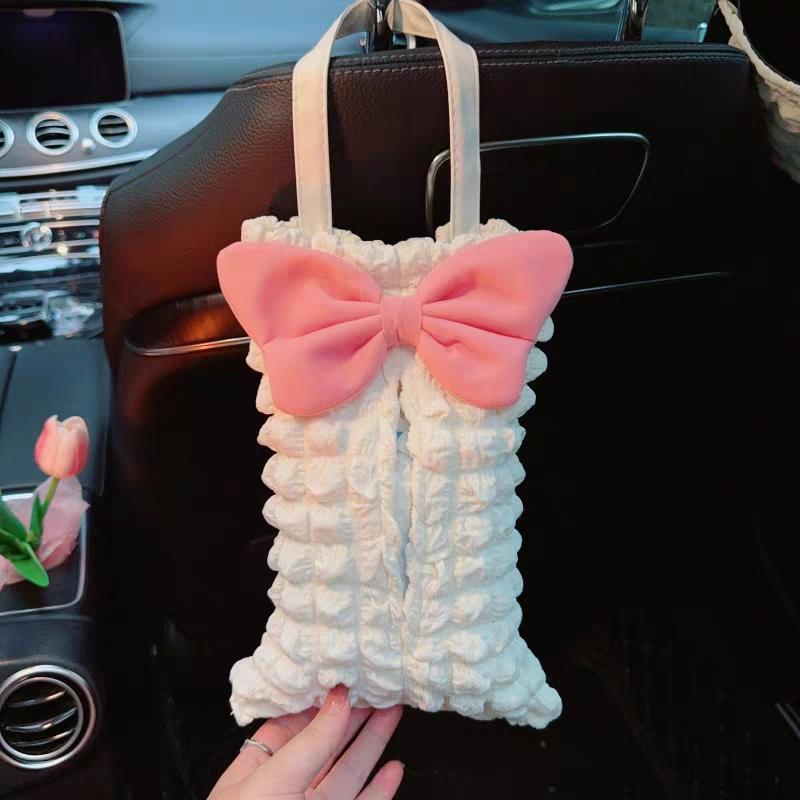 Cute Pink Bow Car Tissue Box Soft Puff Auto Seat Headrest Hanging Paper Tower Holder Organizer Bag Car Interior Accessories