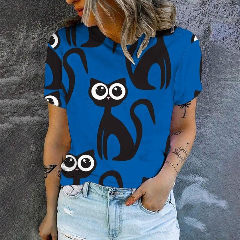 2025 New Summer Colorful Cat Cartoon Pattern Fallow Style Woman Clothing Oversized T-shirt Short Sleeve Comfortable Tops S-5XL