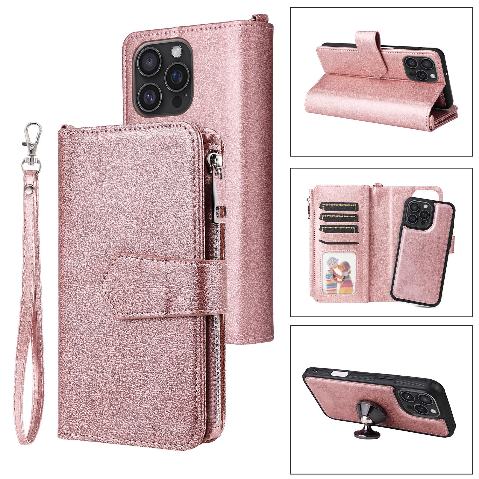 

Магнитный кожаный чехол для iPhone 16 Pro Max, мобильная крышка со съемным кошельком на молнии и ремешком Rose Gold