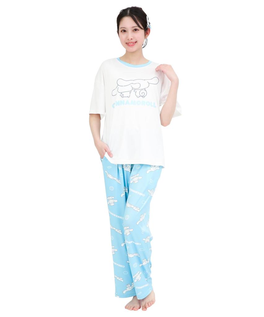 SAZAC Cinnamoroll and Milk Pajama Powder Stretch Short Sleeve and Long Pants Loungewear x Set, Fabric, Women's Set, (White Sax/M/SAN1952)