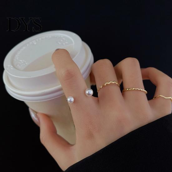 Lightweight Copper Ring 4 Pcs/Set Women Set Different Shape Irregular Faux Pearl Polished Smooth Open Adjustable Stainless Solid Color Punk
