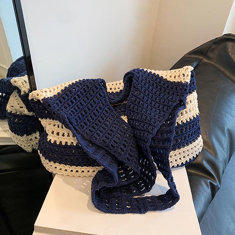 

Fashion Striped Summer Shoulder Bags for Women Woven Seaside Beach Vacation Travel Handbags Female Shopping Totes Purse