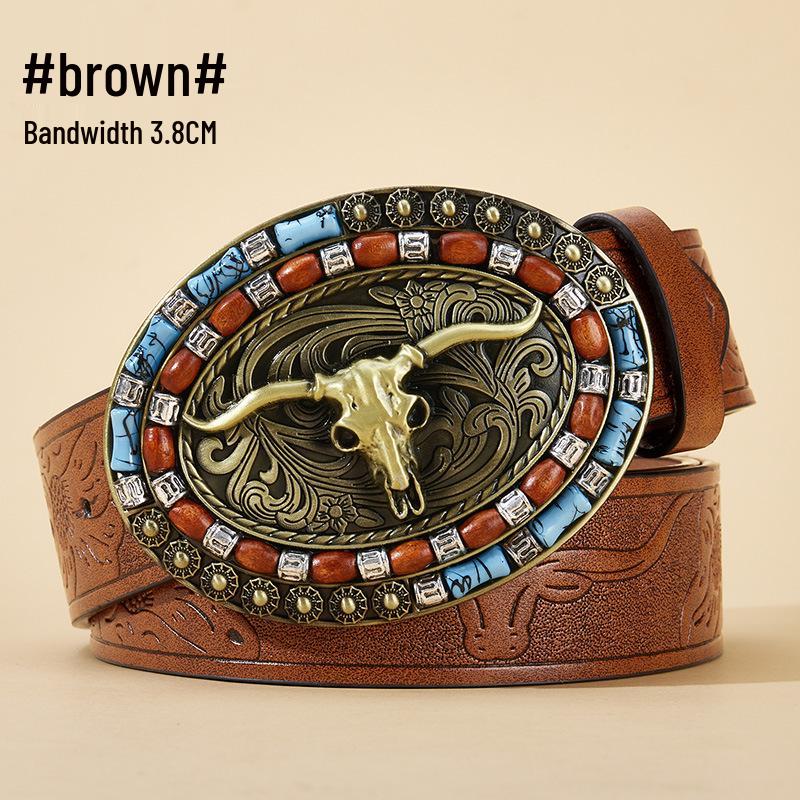 Men's Bull Head Western Leather Belt with Large Buckle