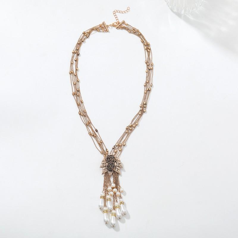 Vintage Floral Pendant Necklace With Alloy Pearl Tassel Charm Gold Tone LayeredChain Women