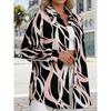 Abstract Print Loose Fit Collared Shirt Women's Design Sensation Pink Black White Single Button Mid-Length Open Cardigan Shirt