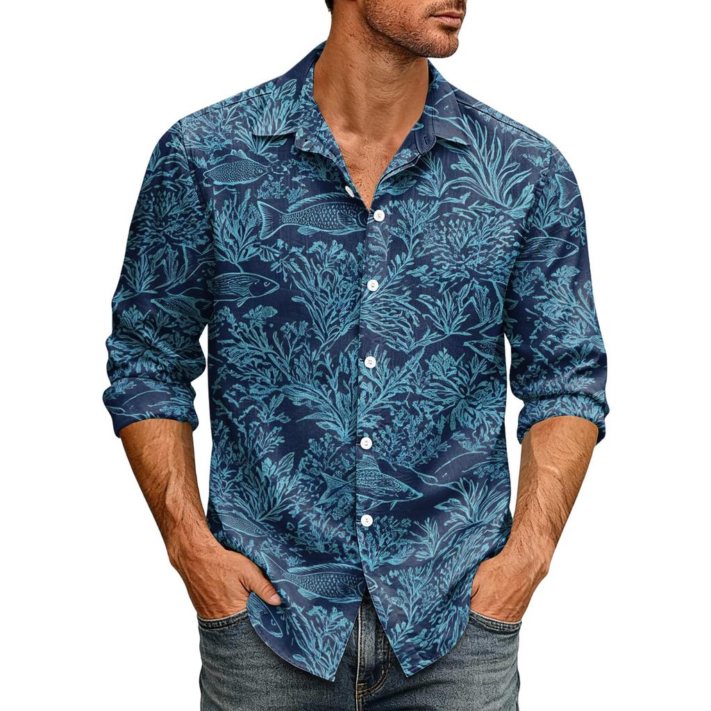 Men's Loose Fit Long Sleeve Shirt Hawaiian Style Retro Casual Button Down Collar Shirt Suitable for Spring and Autumn Wear