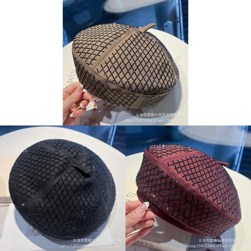 Black Water Drill Check Beret Hat For Women Summer Outdoor Fashion Accessory