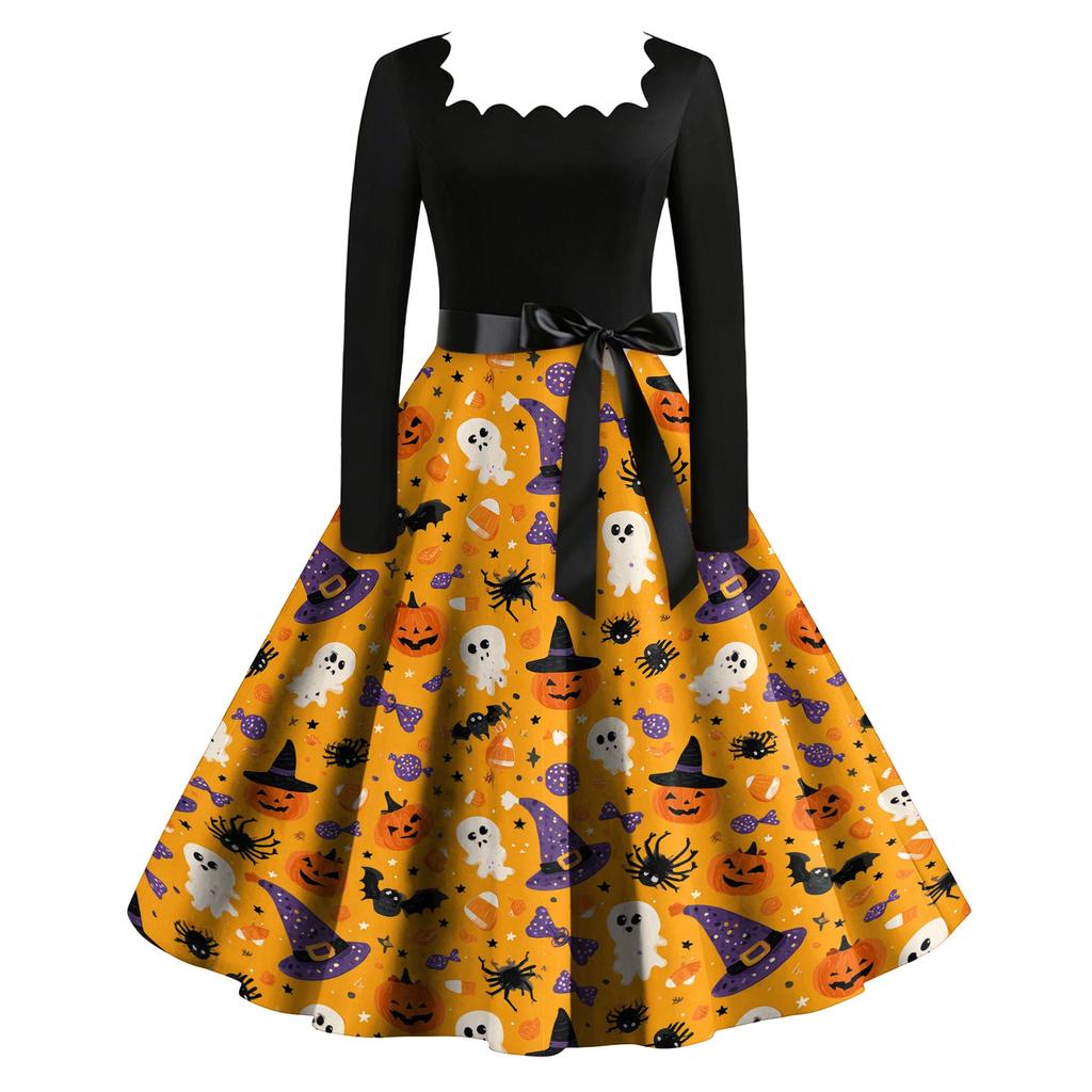 Women's Vintage Long Sleeve Square Neck Party Dress Halloween Printed Full Skirt Midi Dress with Waist Tie Belt Retro Style