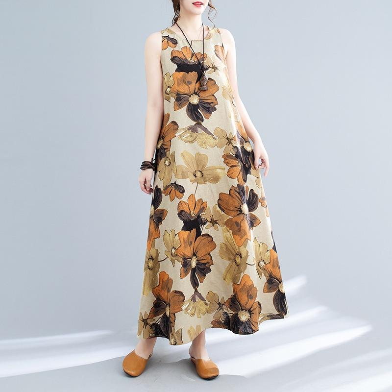 Real Summer New Literary Loose Cotton and Linen Printing Round Neck Sleeveless Dress Women's Medium and Long