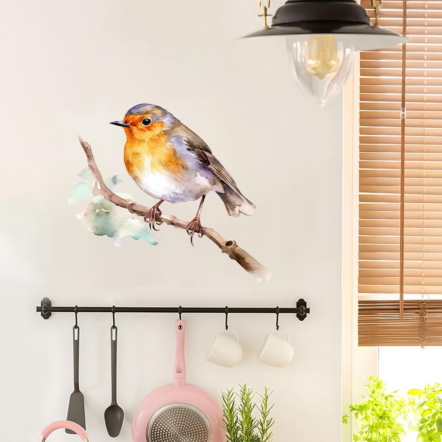 Watercolor Sparrow on Branch Window Stickers, Self-Adhesive Static Cling Decals for Bedroom Dorm Classroom Study Room Decoration