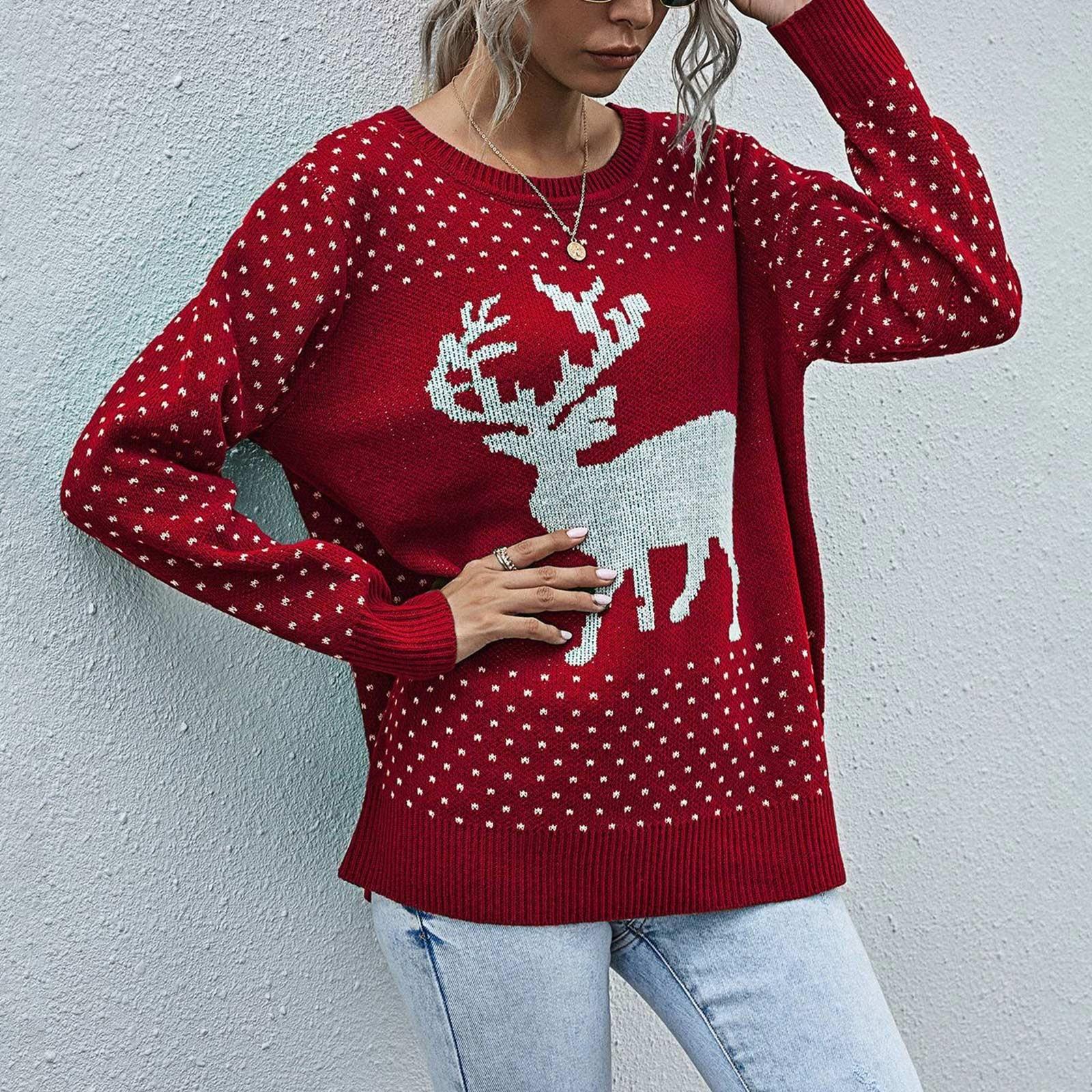 

Женский и зимний пуловер Рождественский свитер с оленями M красный