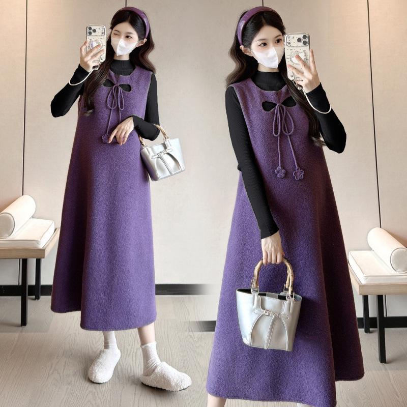 Spring 2026 Gentle Purple Plush Maternity Two-Piece Dress - Korean Style Slim Fit