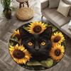 Black Cat and Sunflower Style Flannel-printed Round Floor Mats Are Slip-resistant Suitable Living Room Terrace Garden Carpets